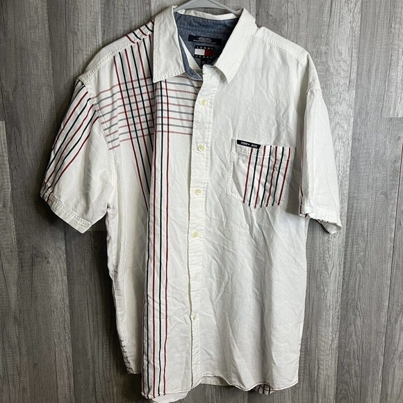 TOMMY HILFIGER Tommy Jeans Mens Shirt XL Button Up Stripe‎ Short Sleeve - Picture 1 of 9